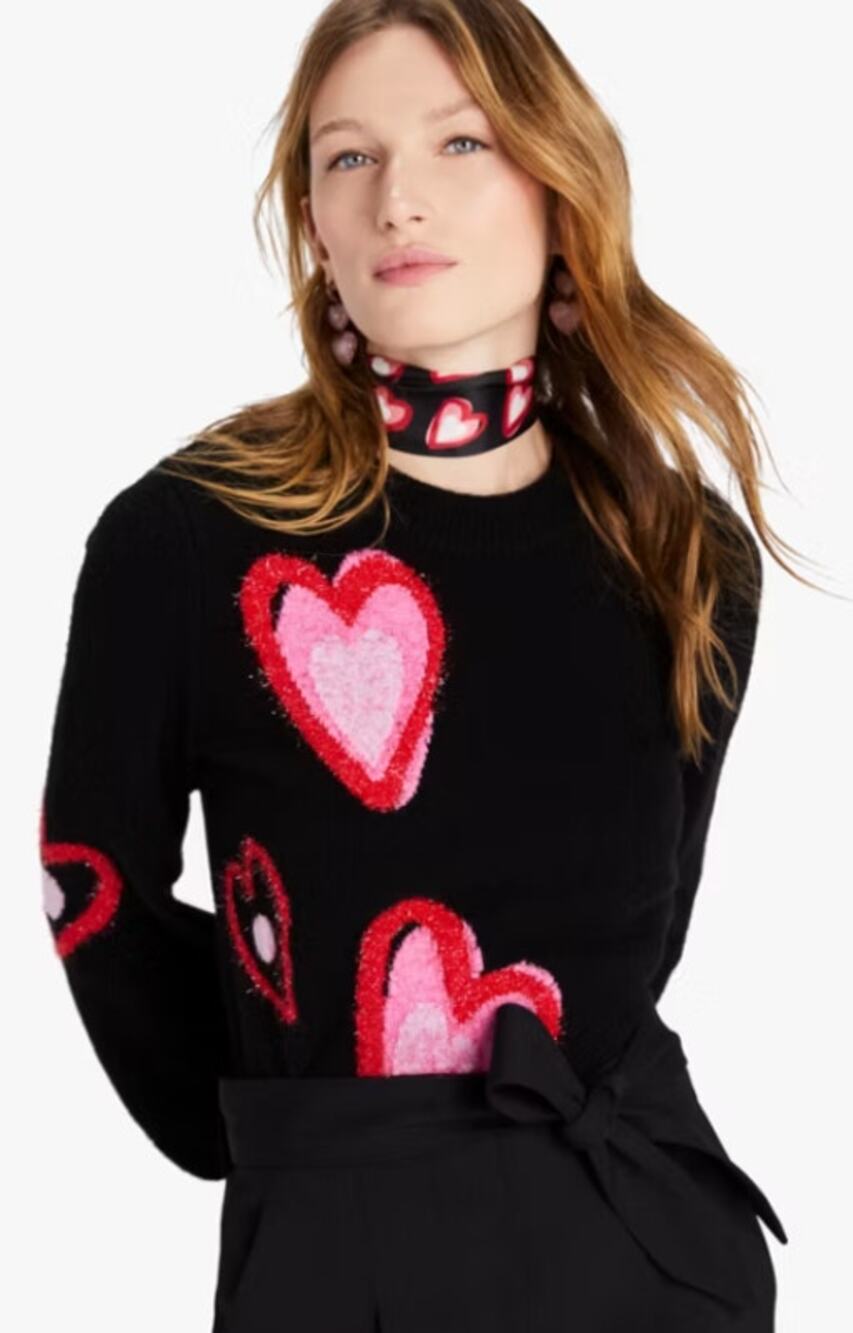 Kate Spade Overlapping Hearts Sweater Wool Blend Black Red Pink Womens XL